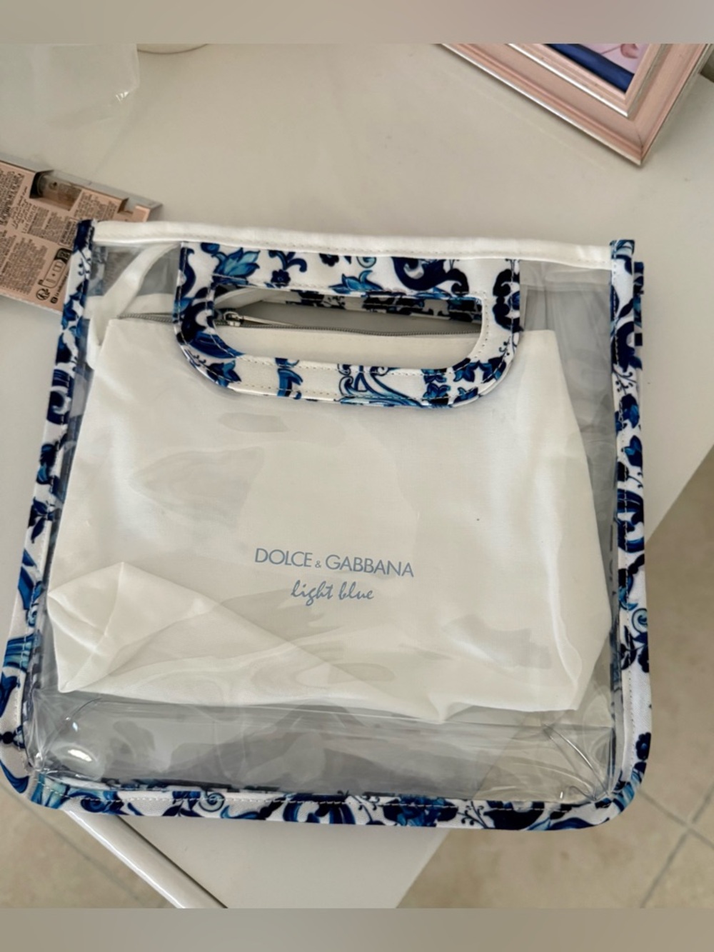 Dolce & Gabbana Clear Tote with Blue Floral Trim and White Pouch